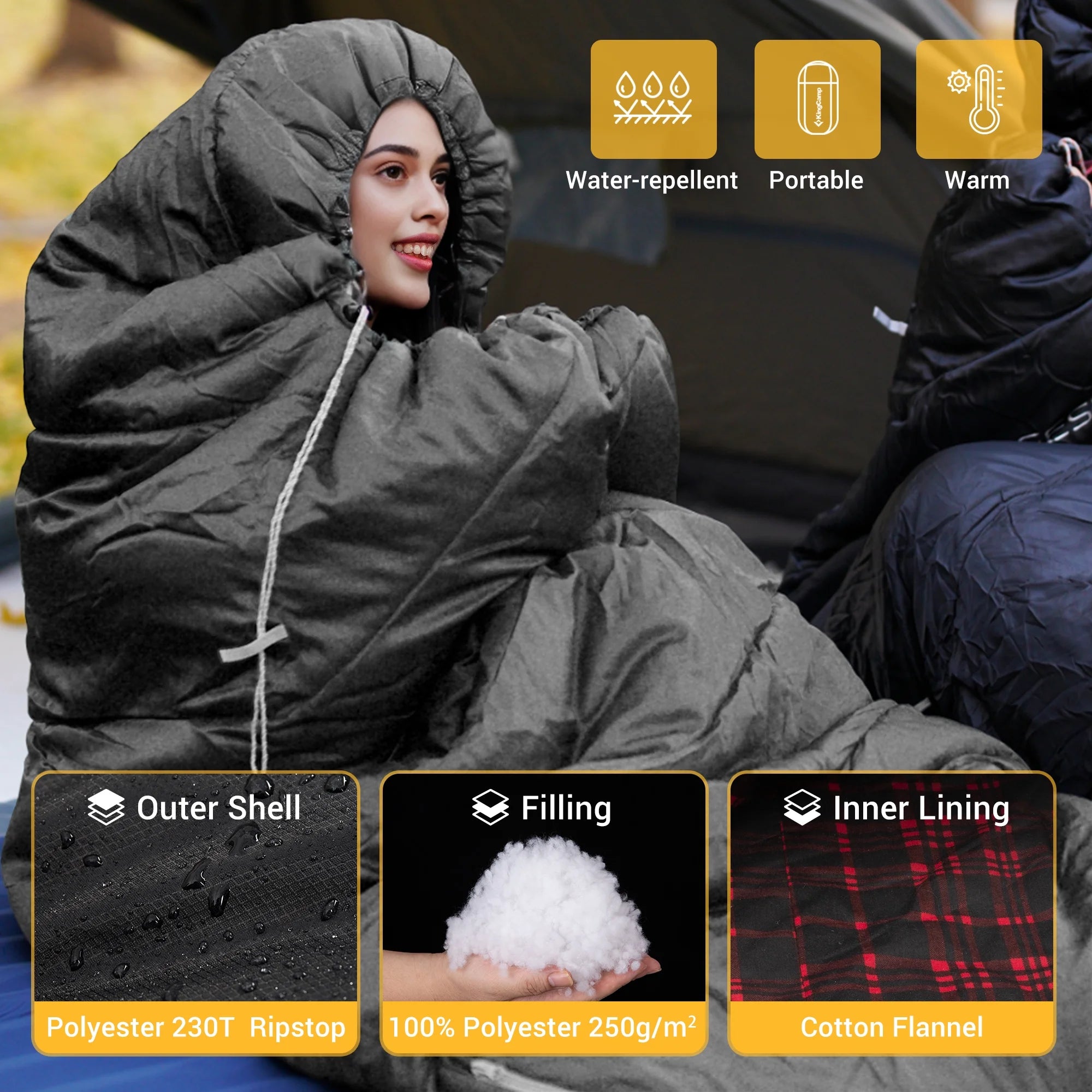 XL Cotton Flannel Sleeping Bags, Oversized Weatherproof 3-Season Sleep Bag with Hood for Camping & Hiking & Backpacking, 17.6℉-54℉ (Black)