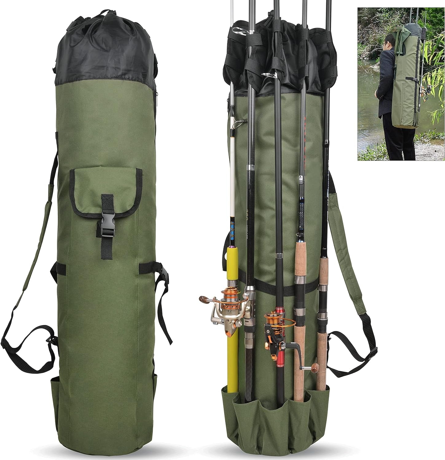 SILANON Fishing Rod Bag Pole Holder, Portable Fishing Rod Case Carrier Canvas Pole Storage Bag Travel Carry Case Waterproof Fishing Tackle Gear Organizer