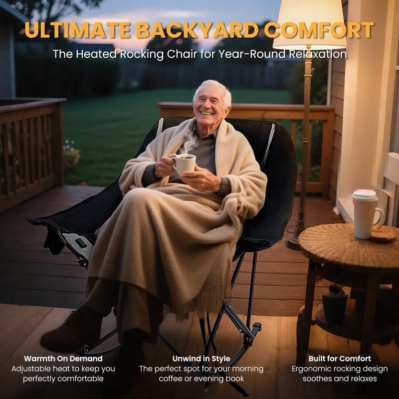 Naudacaa Oversized Heated Rocking Chair, 400Lbs Capacity, Fully Padded Patio & Outdoor Folding Chair with 3-Level Back Heat, Headrest & Cup Holder, Perfect for Camping, Backyard, Lawn, and Patio