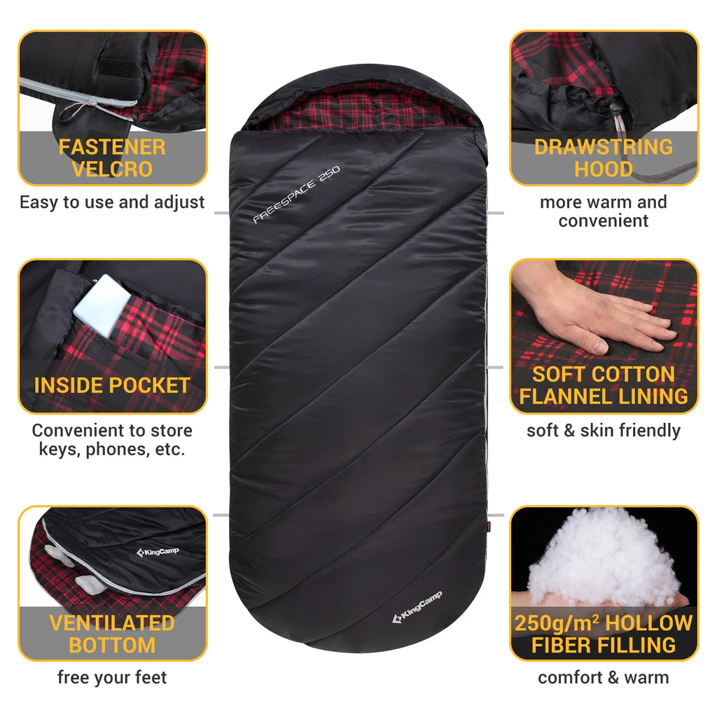 XL Cotton Flannel Sleeping Bags, Oversized Weatherproof 3-Season Sleep Bag with Hood for Camping & Hiking & Backpacking, 17.6℉-54℉ (Black)