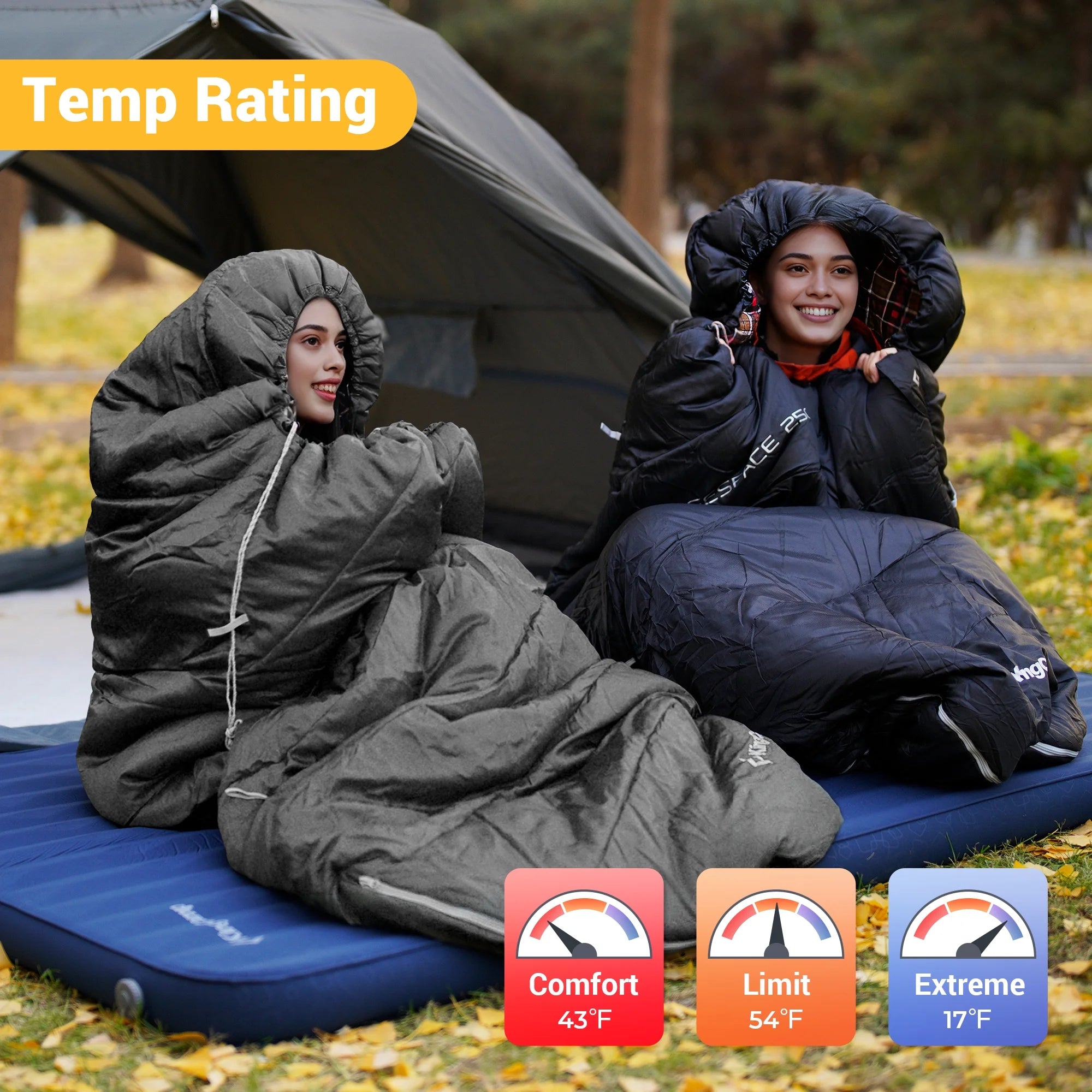 XL Cotton Flannel Sleeping Bags, Oversized Weatherproof 3-Season Sleep Bag with Hood for Camping & Hiking & Backpacking, 17.6℉-54℉ (Black)