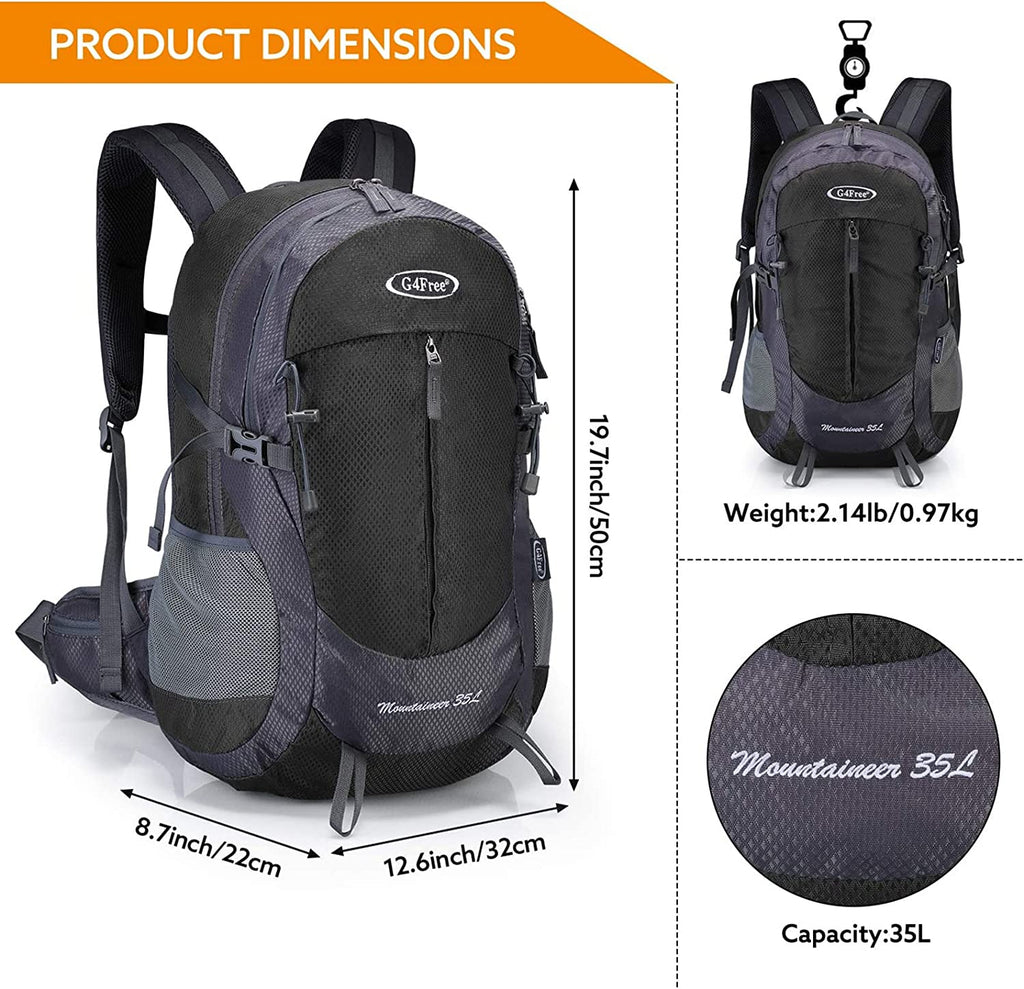 G4Free 35L Hiking Backpack Water Resistant Outdoor Sports Travel Daypack Lightweight with Rain Cover for Women Men (Black)