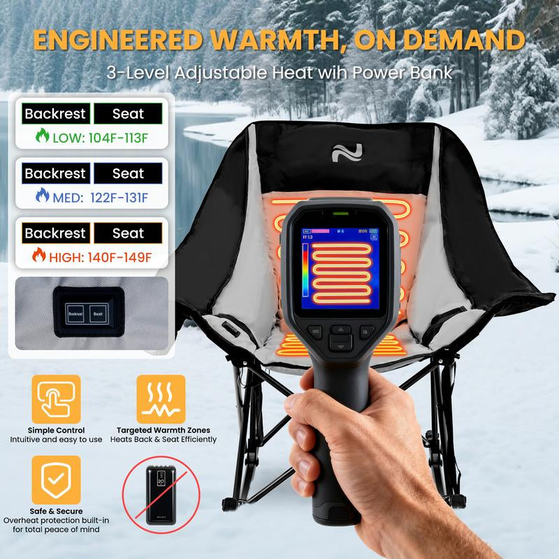 Naudacaa Oversized Heated Rocking Chair, 400Lbs Capacity, Fully Padded Patio & Outdoor Folding Chair with 3-Level Back Heat, Headrest & Cup Holder, Perfect for Camping, Backyard, Lawn, and Patio