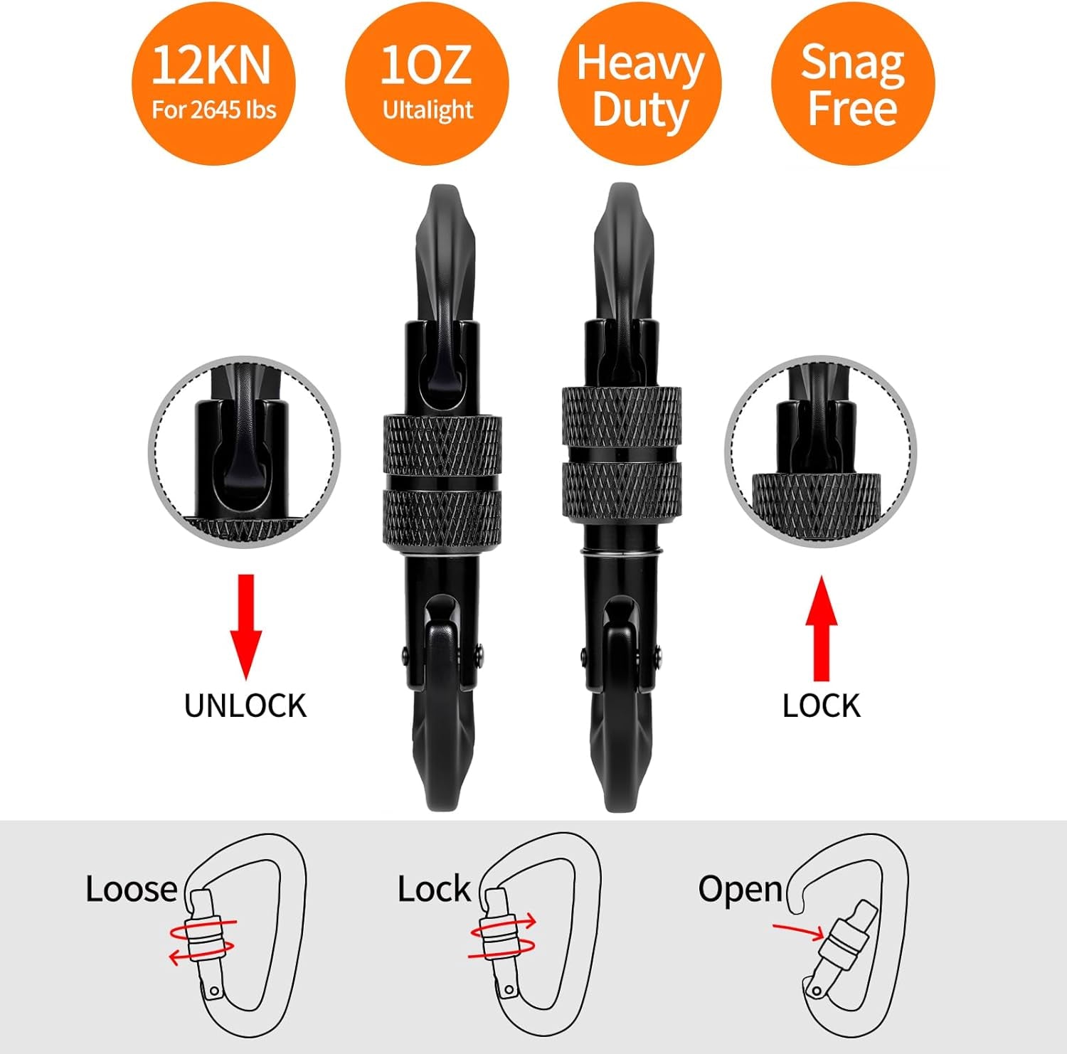 Carabiner Clips Heavy Duty 12Kn (2697 Lbs)-Lightweight Locking Carabiners for Camping, Hiking, Hammock, Dog Leash Harness, Outdoor and Gym Etc, Keychains& Utility